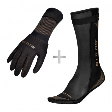 BTTLNS Neoprene swim socks and swim gloves bundle gold 