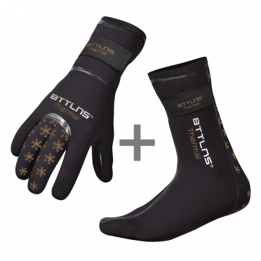 BTTLNS Neoprene thermal swim gloves and swim socks bundle gold 