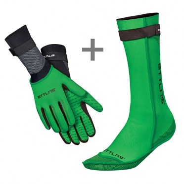 BTTLNS Neoprene swim socks and swim gloves bundle green